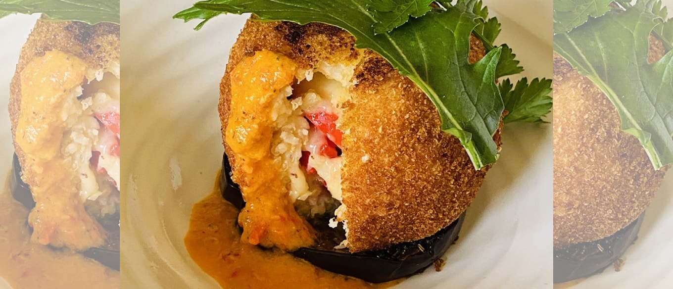 CRUNCHY CAPSICUM RICE AND QUINOA ARANCINI'S, WITH ROAST EGGPLANT AND TOMATO SAUCE.jpg