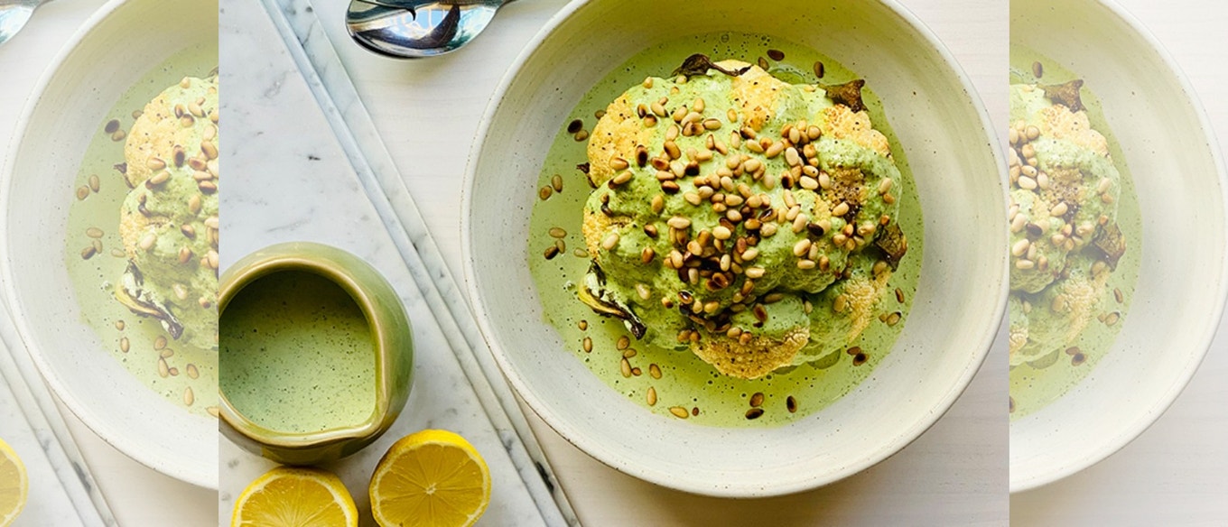 LEMON PEPPER BAKED CAULIFLOWER WITH GREEN YOGHURT AND PINE NUTS
