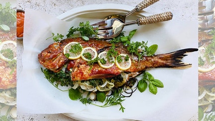 WHOLE BAKED GLAZED FISH WITH STEAMED FRAGRANCES