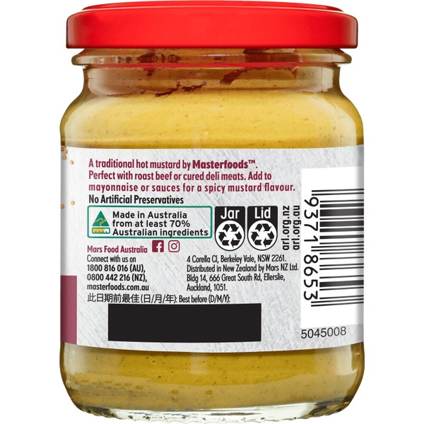 MASTERFOODS Mustard Hot English 175g Jar